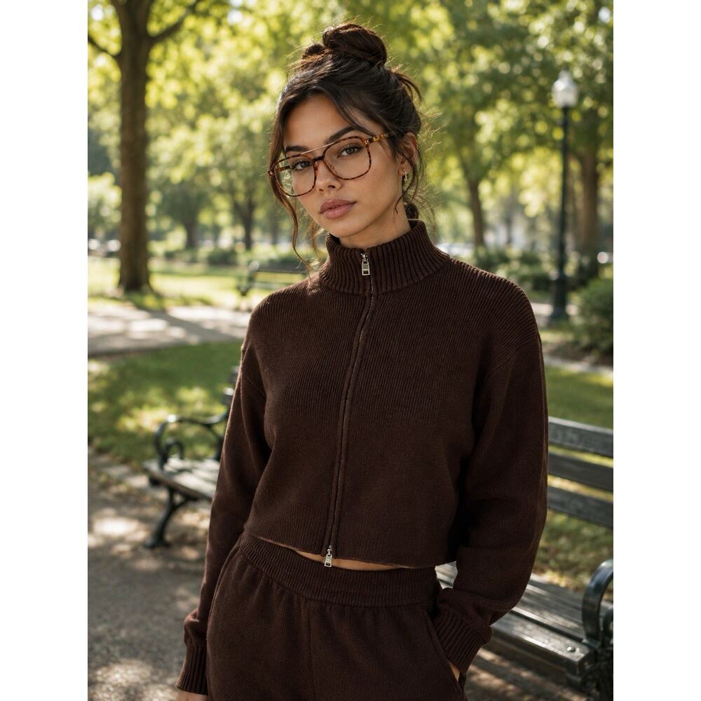 Cernucci Rib Knit Zip Funnel Neck, Brown, Large